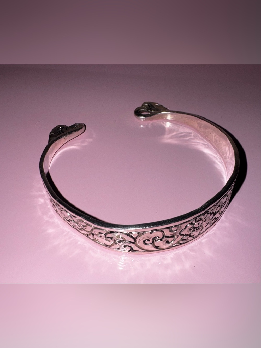 Handcrafted Silver Angel Wing & Floral Relief one of a kind Cuff Bracelet